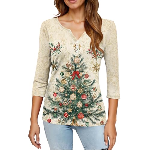 Image of Women Christmas Shirt 3 /4 Length Sleeve Henley Tops Xmas Outfits