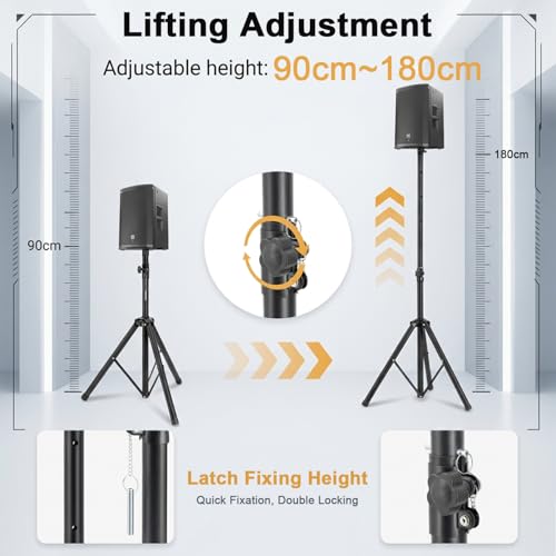 Image of HASTHIP Aluminum Tripod Speaker Stand, 90 to 180 cm Adjustable Speaker Mount Stand with Safety Lock Pin, Anti-wobbing Stable Foldable Tripod Base for DJ Live Events Home Theater Studio and Outdoor