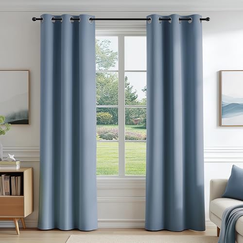 Image of FMFUNCTEX 100% Blackout Curtains for Bedroom, Slate Blue Curtains 63 Inches Long Textured Thermal Insulated Curtains for Living Room, Black Out Drapery Grommet Room Darkening 2 Panels, 40 inch W x 72 inch L