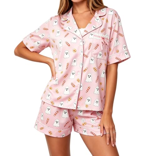 Image of Women Holiday Satin Pajamas Short Sleeve Shirts Shorts Set 2pc Loungewear