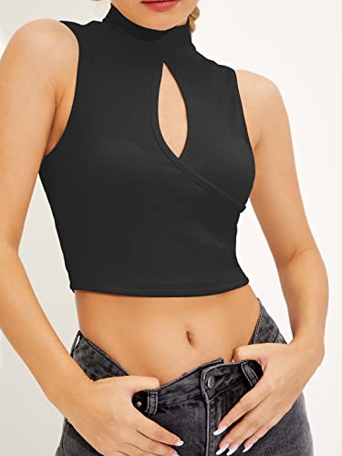 Image of Shasmi Women's & Girl's Black and Maroon Solid Ribbed High Neck Stand Collar Sleeveless Slim Fit Cut Out Tank Tops (Top 43)