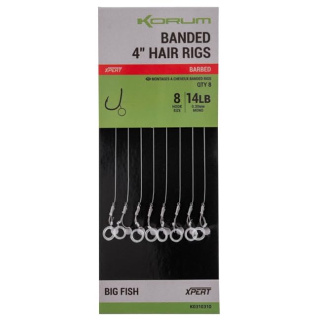 Korum 15" Banded Hair Rigs Barbed Qty 8 (Size 8 14lb)