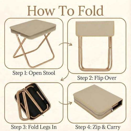 Image of Folding Stool Portable Mini Camping Stool with Carry Bag - Lightweight Foldable Outdoor Seat with Metal Frame and Fabric Top for Travel Fishing Hiking Garden Picnic (Beige)