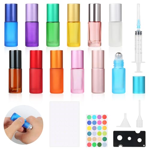 Samulee 12 pcs Roll on Aceites Esenciales, Botellas Roll On Cristal para Aceites Esenciales, 5 ml Vidrio Botellas de Aceites Esenciales con Rodillos, para Perfumes, Aromaterapia