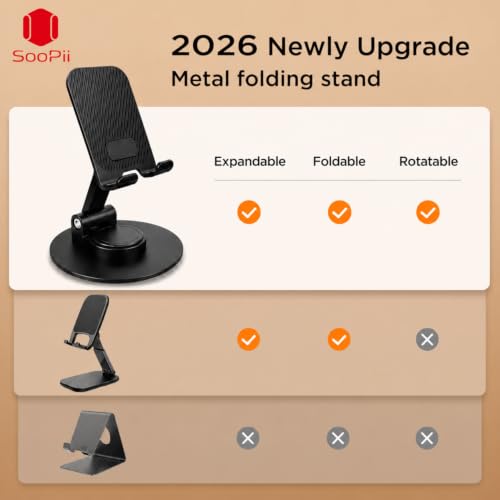 Image of Foldable Mobile Stand for Desk with 360 Rotating Base, Adjustable Phone Holder with Heavy Metal Base, Carbon Steel Desktop Stand, Anti-Slip Silicone Pads, Compatible with Smartphones up to 6.9 Inch