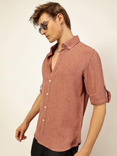Image of Thomas Scott Men's | Solid | Textured Fabric | Full Sleeve | Slim Fit | Polyester-Blend | Spread Collar | Casual Shirt
