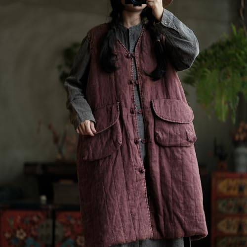 NFYM Womens Fall Winter Long Quilted Vest Lightweight Linen Frog Buttons Sleeveless Jacket Coats with Pockets4