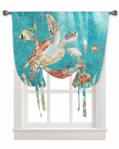 Tie Up Curtains for Kitchen Windows,Retro Watercolor Ocean Turtle Coral Fish Adjustable Balloon Shade Curtain Panel Rod Pocket Drapes for Small Window Decor 34