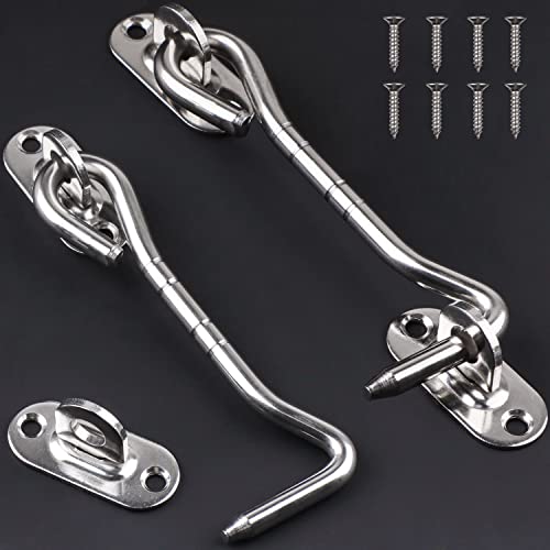 Tahbarshi 2 Pcs Stainless Steel Cabin Hook, Heavy Duty 4 Inch (100mm) Silver Gate Hook and Eye Latch