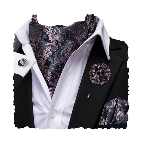 Image of Hi-Tie Silk Ascot for Men Self Tie Men's Cravat and Flower Lapel Pin Handkerchief Cufflinks Set for Wedding Party