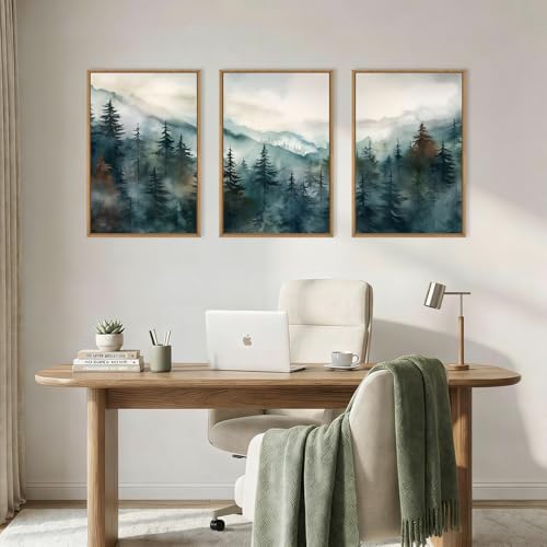 Image of KAIRNE Watercolor Misty Forest Framed Canvas Wall Art Set, Nature Landscape Wall Decor, Foggy Mountain Pine Trees Wall Painting, Jungle Scenery Artwork for Living Room, Bedroom, Office-24 x36 x3