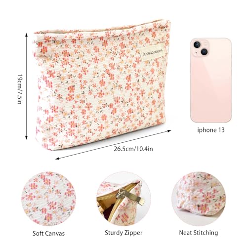 giteo bedding Aesthetic Makeup Bag Cotton, Quilted Floral Make up Bags, Travel Toiletry Bag Women, Daily Use Cosmetic Bags for Girls, Pink Makeup Bag for Purse, Cosmetics Organizer Pouch (Pink)