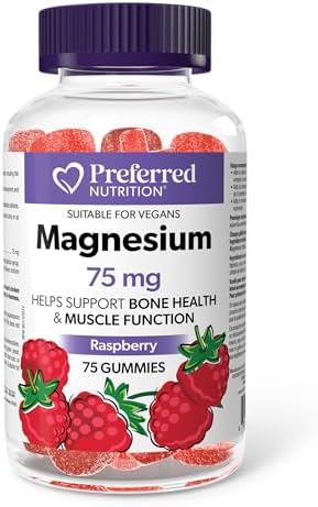 Preferred Nutrition Magnesium Gummies 75 mg, 150 mg per Serving, 75 Vegan Gummies, Raspberry Flavoured, Supports Bone Health & Muscle Function, Magnesium Citrate, Proudly Canadian