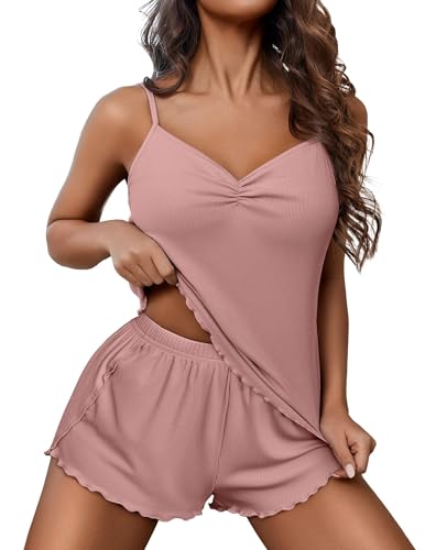 Image of Ekouaer Womens Cami Pajama Sets 2 Piece Ribbed Knit Lingerie Sleeveless Tank Top and Shorts Camisole Pjs Sleepwear