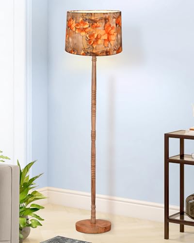 Image of Homesake Mid Century Modern Floor Lamp for Living Room | Hand Turned | Corner Lamp for Living Room, Stand Lamp with Fabric Lampshade for Bedroom, Study Room and Office, (Floreo Meadow)