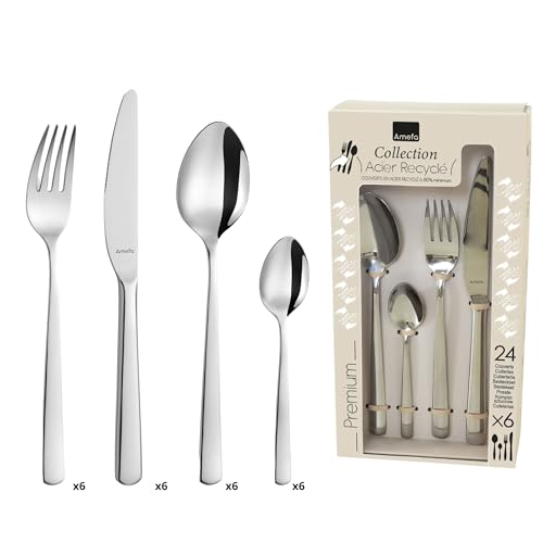AMEFA - Ménagère 24 couverts de table pour 6 personnes - Phoenix - Acier inoxydable recyclé 18/0, Finition Miroir - Inox
