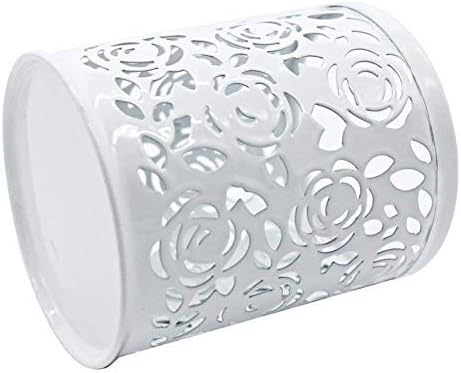 Ciaoed Metal Pencil Pot Holder, Rose Flower Pattern Make Up Brush Cup, Pen Cylinder Container for Desk, White