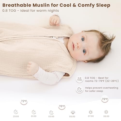 Image of Konssy Muslin Baby Sleep Sack 6-12 Months, 0.8 TOG Baby Wearable Blanket | 2 Pack, 2-Way Zipper, 100% Cotton, Soft & Breathable Sleeping Sack, Infants & Toddlers Nursery Essentials (Cream,Fog Green)