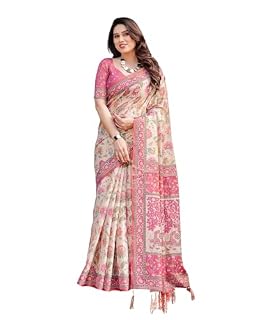 ALMAARI FASHION Women's Floral Printed Handloom Cotton Silk Saree with Zari Border and Tassel Pallu Unstitched Blouse Piece | Traditional Ethnic Wear Sarees | Women saree silk | Festive Sari Women's