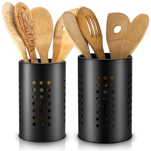 Kitchen Utensils Holder for Countertop,Stainless Steel Black Utensils Caddy,Farmhouse Stylish Organizer and Kitchen Decor Utensil Crock,Gift for New House New Apartment,Pack of 2,Black