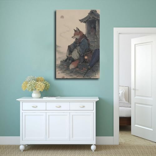 Toile style japonais renard bleu clair déco chambre coucher moderne - 4