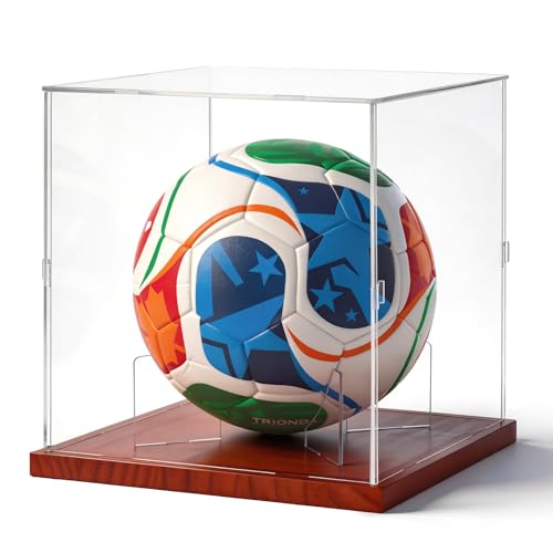 Image of Fitense Soccer Ball Display Case with Solid Wood Base, UV Protected Clear Acrylic Box, Removable Transparent Holder for Autographed Balls, Sports Collectibles & Memorabilia Display