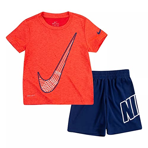 Nike Boy`s Dri-FIT Short Sleeve Dropsets T-Shirt and Shorts 2 Piece Set (Blue Void(86H365-U9J)/Red, 7 Years)