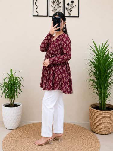 Image of Women's V Neck Short Kurti for Women | Floral Printed Cotton Blend Kurti | Full Sleeve Flared Tunic Top | Casual Ethnic Kurta Top for Women | Stylish Kurti with Jeans