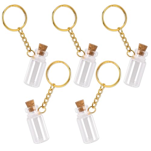 Mini Glass Bottles, 5 Pcs 3ml Glass Vials with Corks Lids Clear Tiny Jars with Metal Keychain Miniature Message Bottles for DIY Crafts Wedding Favors Party Home Decoration