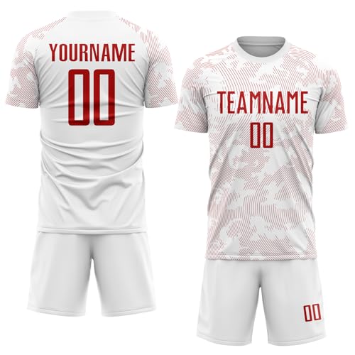 Personalized Novelty Red Lines Soccer Jerseys Custom Outline Football T Shirts and Shorts Set Printed Team Name Number Logo, Create Short Sleeve Rugby Sports Uniforms for Men Women Teens Boys Girls