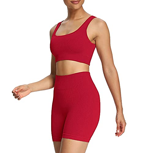 Aoxjox 2-teiliges Outfit für Damen, gerippt, bauchfrei, Tank, hohe Taille, nahtlose Shorts, Workout-Sets, B Dunkelrot, Klein Cover