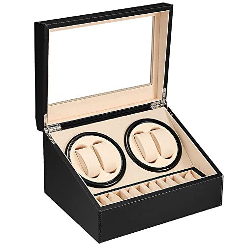 J&T Technology Automatic Watch Winder,4+6 Automatic Watch Winder Storage Display Box,Quiet Mabuchi Motor,Luxury Watch Winder Case For Lady And Man Watches- Ac Adapter (Pu) #TOP7
