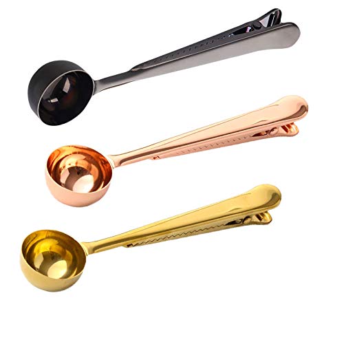Coffee Scoop Clip 2-in-1 Stainless Steel 1 Tablespoon Coffee Ground Measuring Spoon with Bag Clip for Coffee TeaPet FoodProtein Powder Set of 3 Blackgoldrose gold