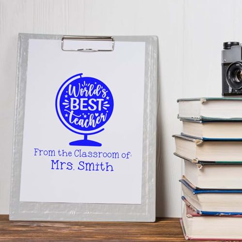 Custom Teacher Stamp Slim Pre-Inked Globe Design, Personalized This Book Belongs to Stamp for Teachers, Durable 1-5/8' Square Teacher Gift, Classroom Supplies Personalization Tool