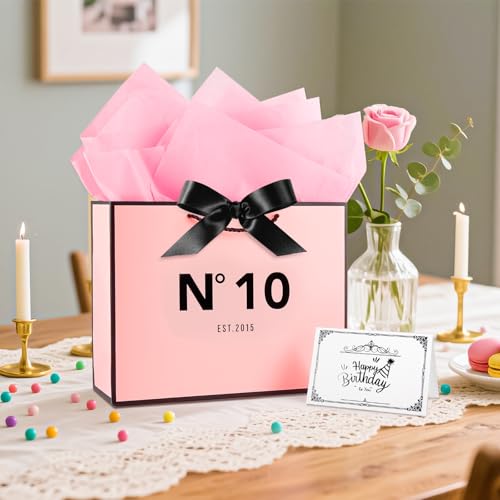 Tookala Rosa Papier Geschenktasche 18. Geburtstag, Geschenktasche mit Seidenband, 32 x 25 x 11 cm Geschenktüte mit karte & Perlgaze, Happy 18th Birthday Geschenktüte, Pink Geschenkbeutel Mädchen Frau