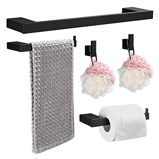 HANFU Accesorios Baño Set de 5 Piezas, Toalleros de Baño de Pared Aluminio, Toallero 40cm, Toallero de Papel y Gancho para Toalla de Baño, Colgador Toalla Baño Juego Cuartos Set de Baño, Negro
