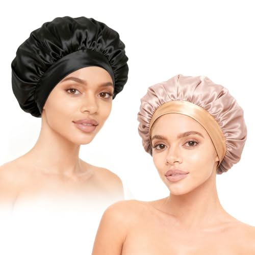 2Pcs Satin Hair Bonnets,Silk Bonnet for Sleeping, Soft Elastic Band Silk Sleep Cap, Hair Wrap for...