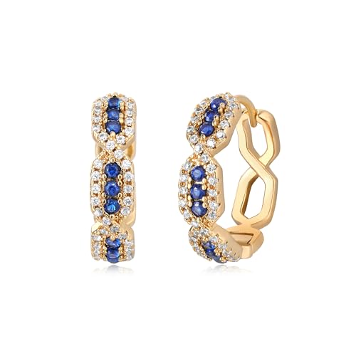 OSIANA Hoop Earrings for Women, 14K Gold Plated Royal Blue Marquise Cut Double Row Beaded Border Cubic Zirconia Sparkling Handmade Jewelry