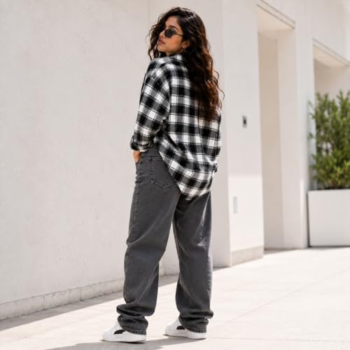 Image of Women's Casual Shirt, Cotton, Black and White Plaid