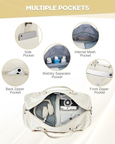 Image of Gym Bag for Women Men Duffle Bags for Travel with Shoe Compartment Shoulder Weekender Overnight Carry on Tote Bags for Airplane Beach Bag Workout Yoga Sport Swimming Cream White
