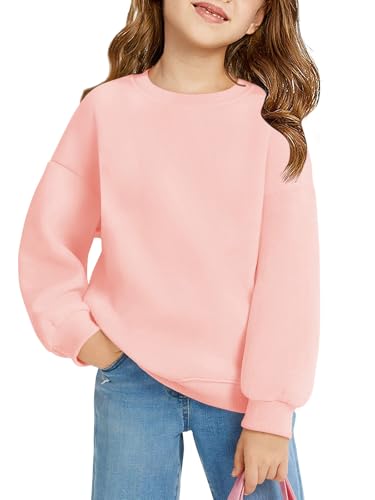 Haloumoning Sweatshirt Mädchen Rundhals Oversized Pullover Kinder Leichtgewicht Sport Langarmshirt Einfarbig Basic Langarm Tops 5-14 Jahre Rosa 11-12 Jahre