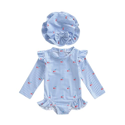 Ayalinggo Baby Girl Swimsuit Long Sleeve Ruffled Shell Zip Up Swimwears Toddler Kids Infant Bathing Suit One Piece with Hat (Blue Cherry, 6-9 Months)