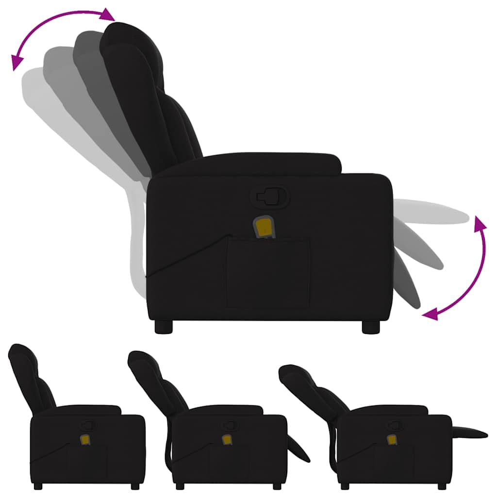 Sillón de relax de masaje de tela negra con 6 puntos de masaje vibratorio, función reclinable manual hasta 135 grados, sillón acolchado transpirable con reposabrazos