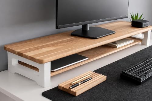 Image of 66cm Long Wooden Computer Monitor Stand, Monitor Riser Desk Shelf Desktop Stand TV Laptop Riser (Dual Shelf, 66cm Long)