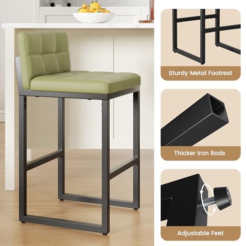 Image of 24 inch Bar Stools Set of 2, Modern Faux Leather Counter Height Bar Stools with Low Back and Footrest, Sturdy Thickened Metal Leg, Upholstered Kitchen Bar Chairs for Island, Green