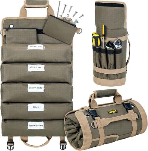 Tool Bag,Large Roll Up Tool Bag Organizer,13 Pockets Tool Roll Storage Pouch,Heavy Duty Portable Tool Storage Carrier Bag for Men,Mechanic,Electrician,Valentines Day Gifts for Men,Olive Green