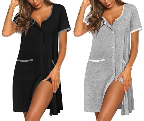Image of Ekouaer 2 Pack Nightgowns for Women Button Down Houese Dress with Pockets