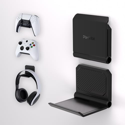 PlayVital 2 Kits Fold Soporte de Pared para ps5/4, Soporte de Pared Plegable para Xbox Series X/S, Switch Pro, Soporte para Auriculares, Soporte de Pared para Pulse 3D Auriculares(Negro)