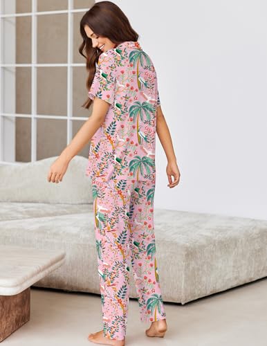 Image of Ekouaer Pajamas for Women Set Button Up Short Sleeve Pjs Sets With Pockets | Soft Womens Sleepwear,V Neck,Notch Collar,2 Piece Classic Loungewear With Long Pant for Sleep,Lounge,Fall