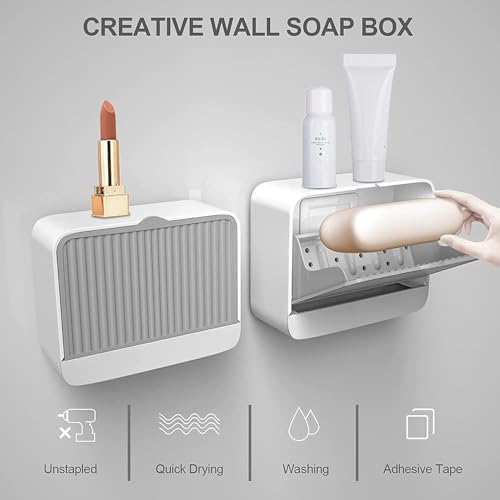 Image of Plastic Creative Wall Mounted One & Two Bar Bathroom Soap Box Holder Soap Dish with Drainage Box Soap Box with Lid Double Grid Soap Draining Rack (1, Door Soap Dish)(Multicolor)